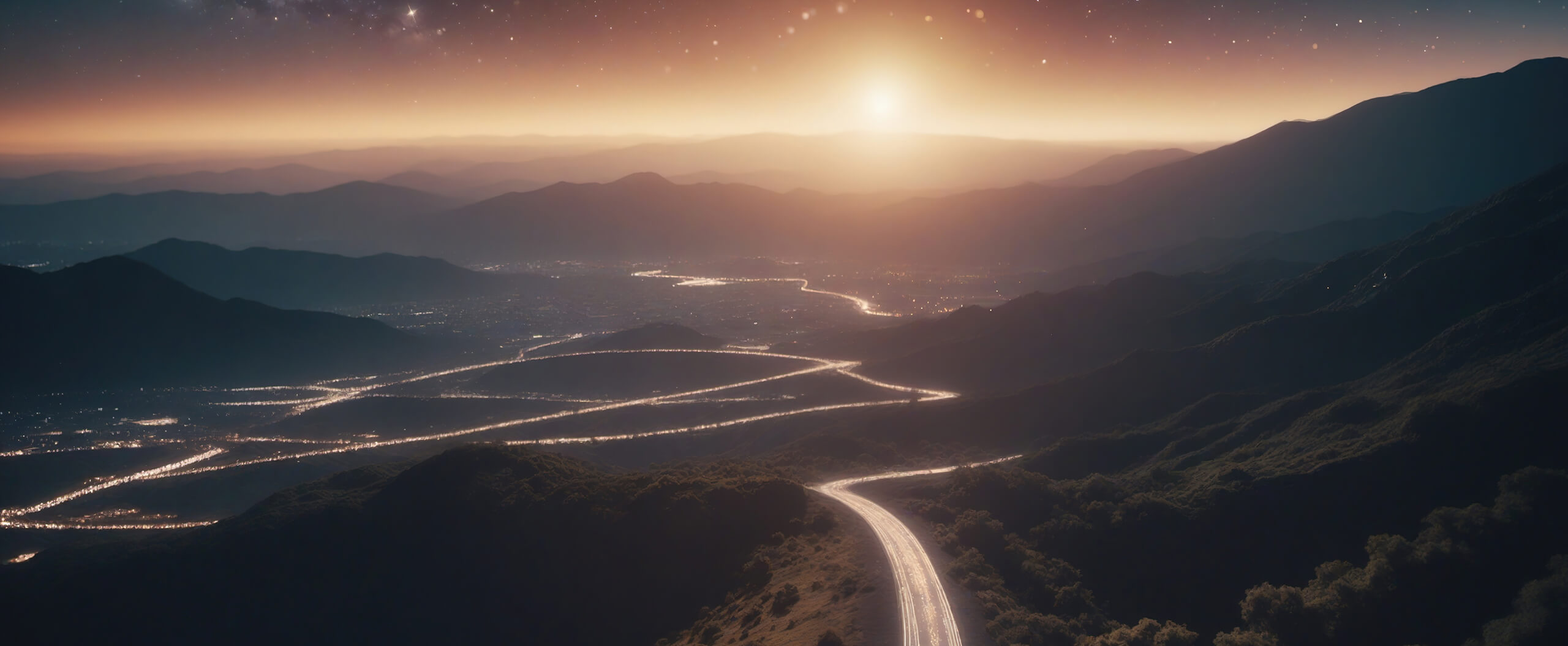 Panoramic view of a winding road through mountains at dusk, with city lights in the valley and a transitioning sky from orange to deep blue.