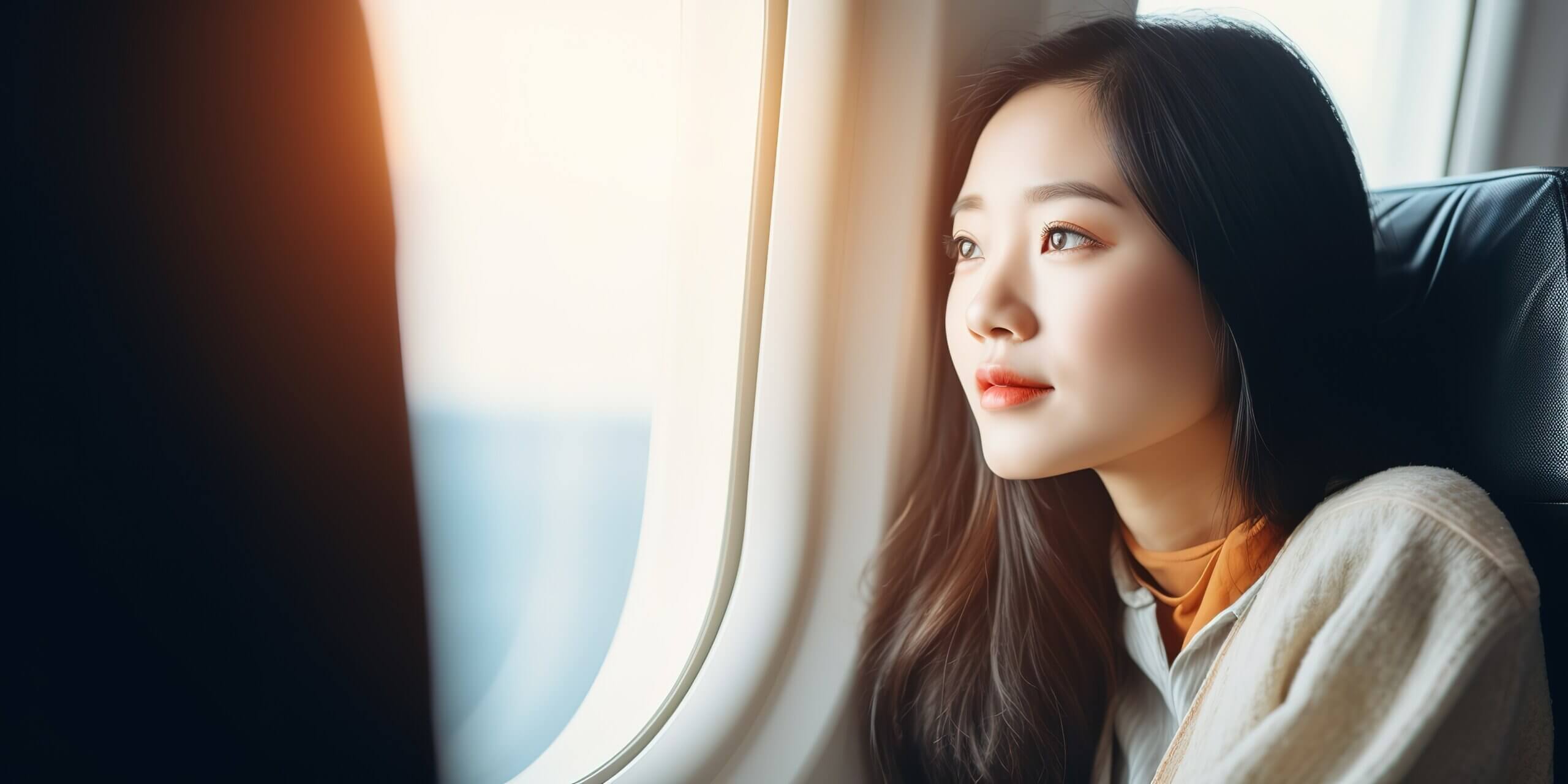 Pretty woman sitting in a chair on an airplane and looking out the window