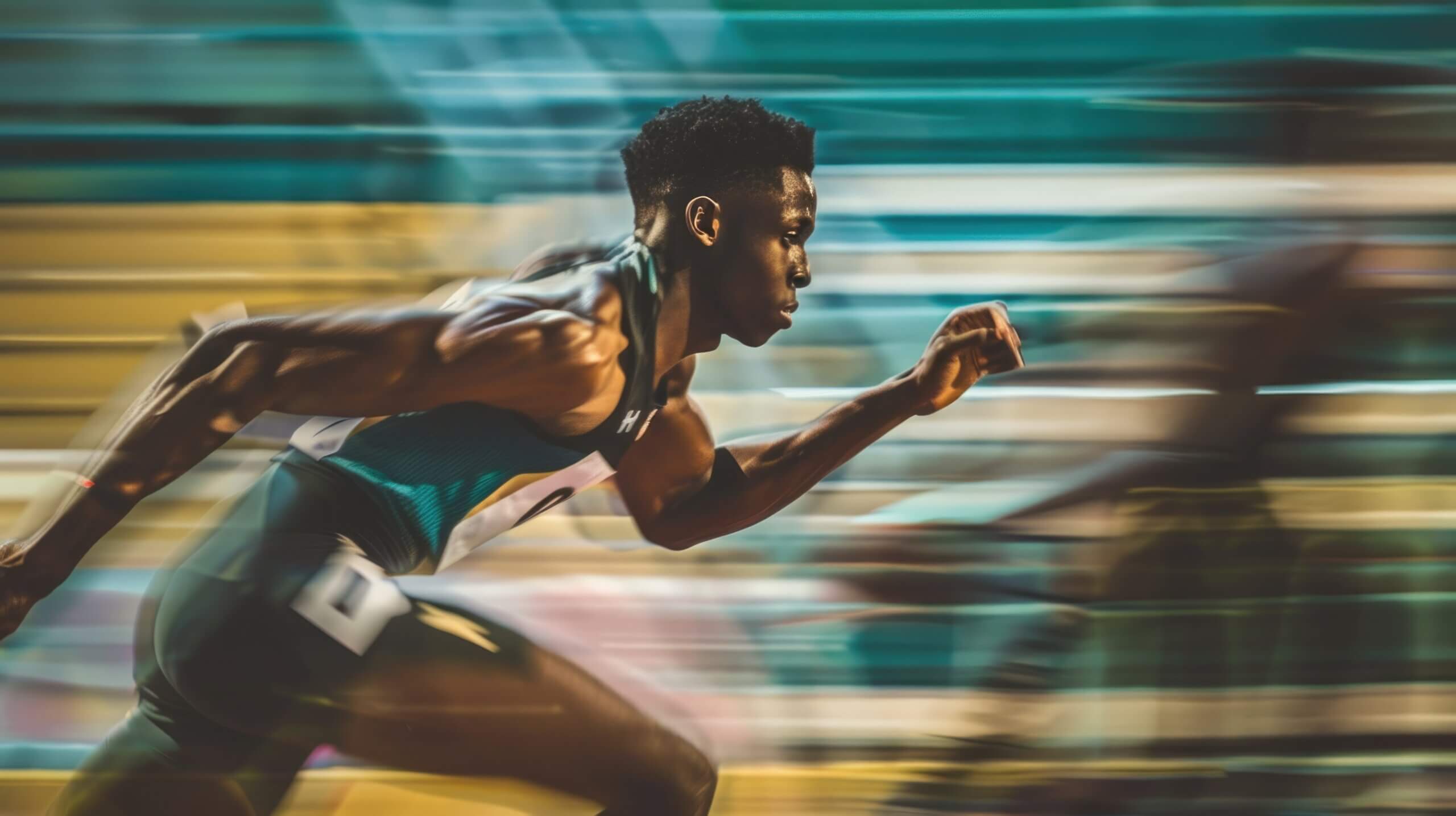 Dynamic image of a young male sprinter in mid-race, displaying intense focus and speed with a motion blur effect highlighting his swift movement