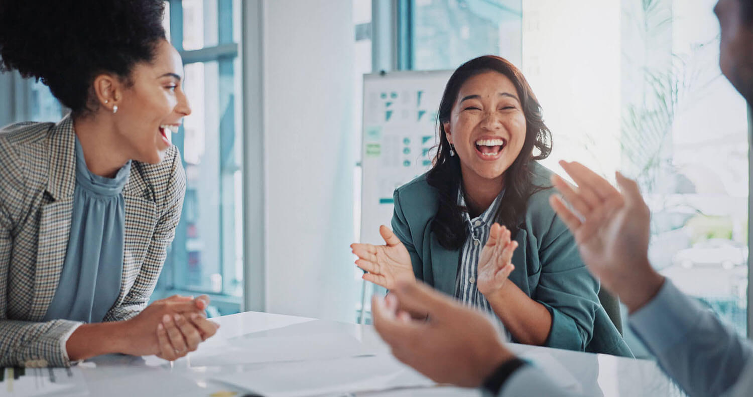 Business people, meeting and applause for congratulations, teamwork and collaboration success in office. Clapping, happy and excited staff with law group and case win at legal firm with celebration.