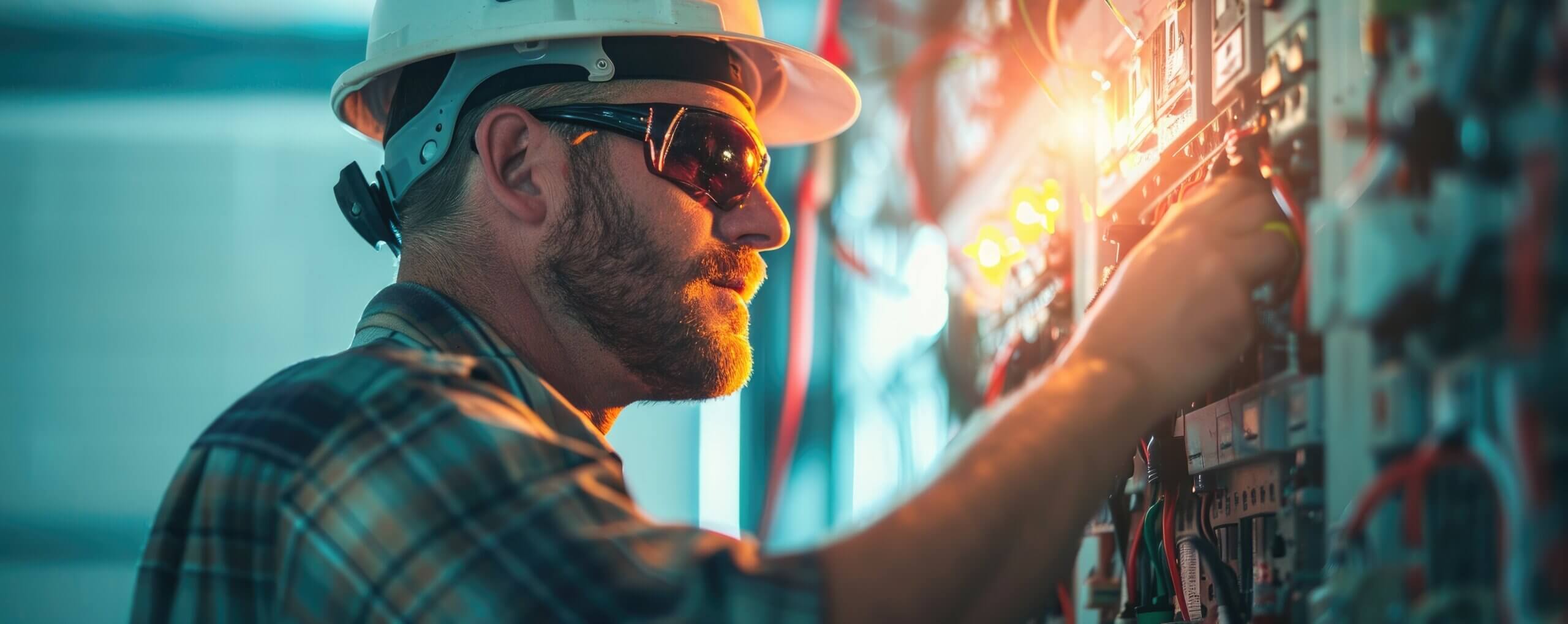 Close up photograph of an electrician worker checking Electrical distribution during the afternoon