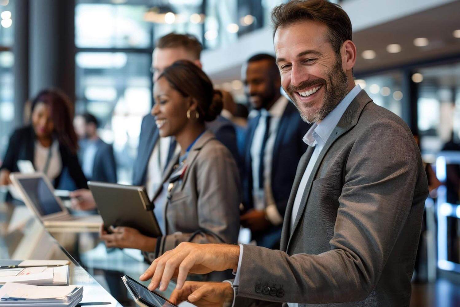 A smiling businessman engages in friendly banter with software developers and tech industry leaders at a digital innovation conference