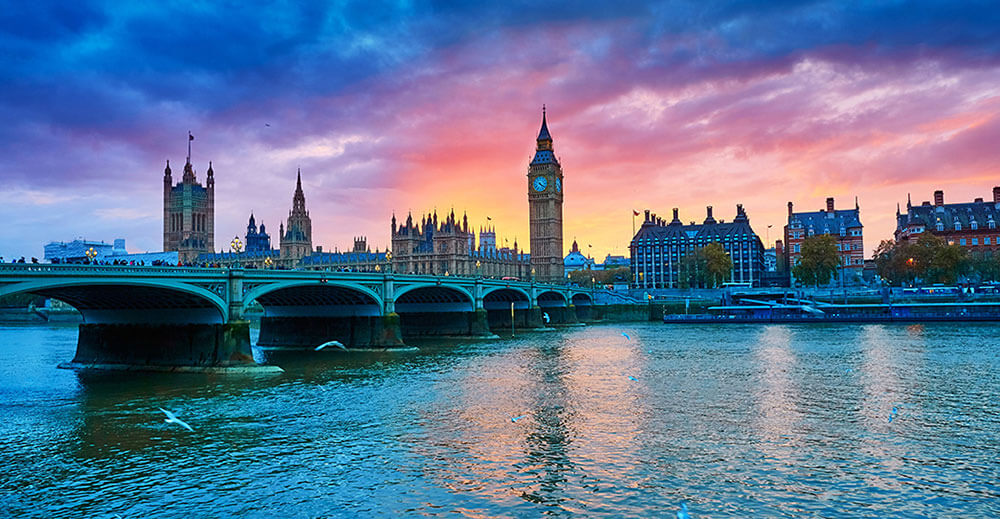 Cityscape of Big Ben and Westminster Bridge with river Thames at sunset, London, UK