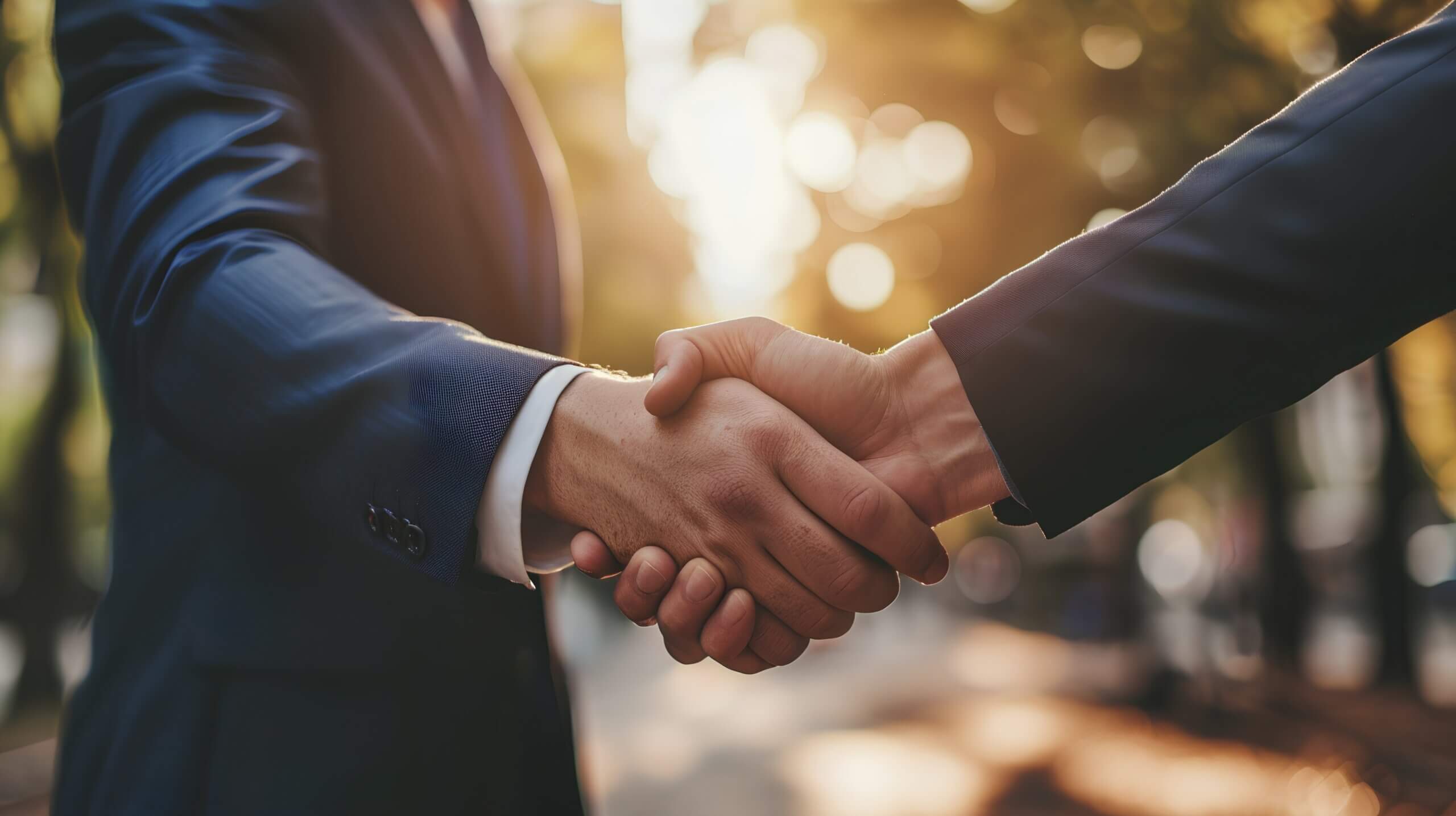 Two individuals in business attire engaging in a handshake outdoors, symbolizing a partnership or professional agreement