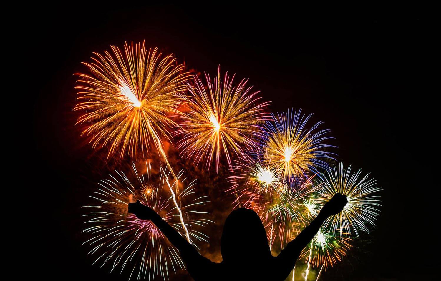 Celebration Happy woman watching beautiful fireworks holiday.