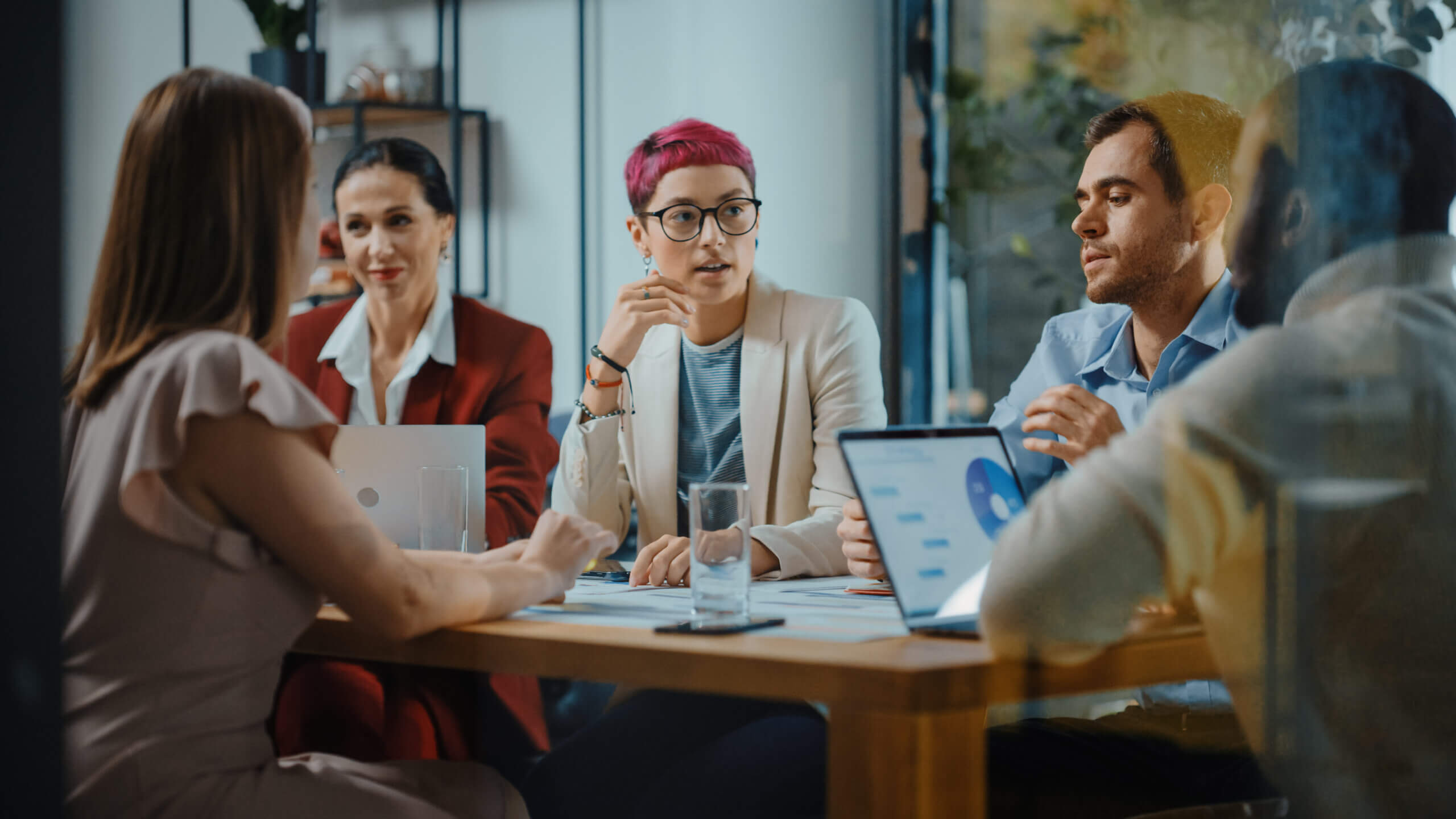 Office Meeting in Conference Room: Strategy with Diverse Team of Professional Businesspeople