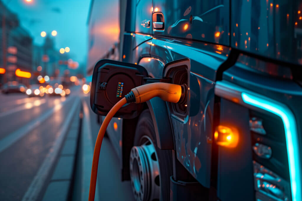 The image shows a close-up of a heavy truck's charging port, with an electric charging cable connected. The truck features modern design elements, including ambient lighting. It's set against a twilight or early evening backdrop with city lights and a dusky sky, highlighting the vehicle's advanced technology and the infrastructure supporting electric transportation.