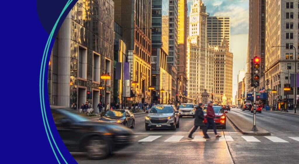 people in busy city walking across street