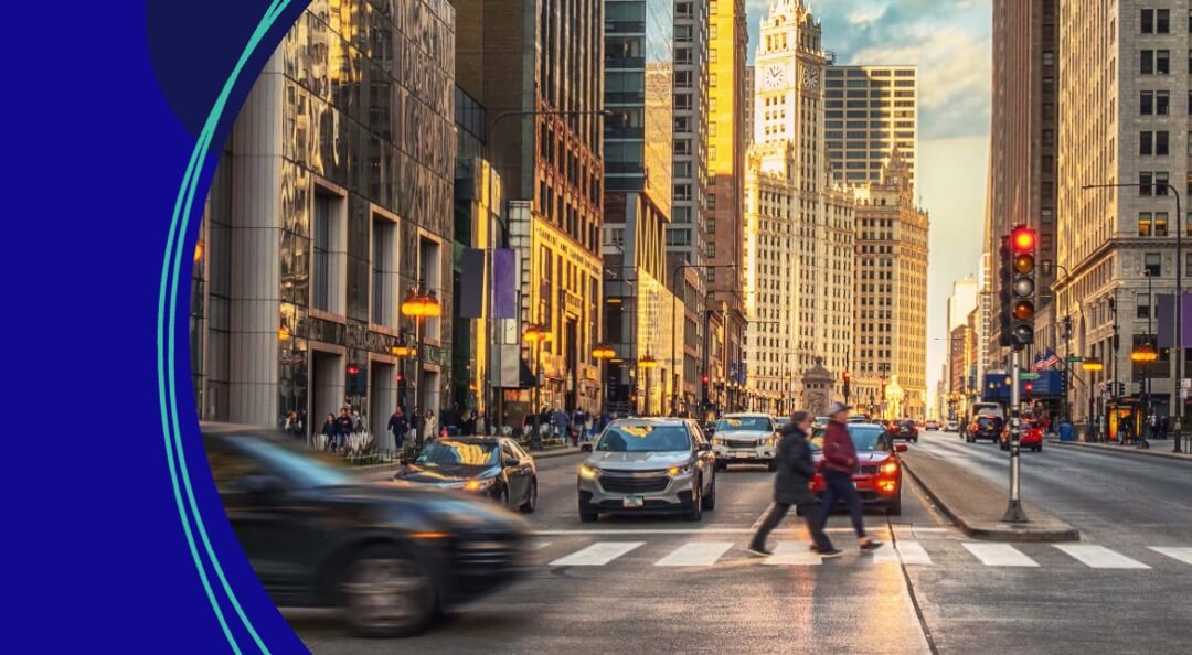 people in busy city walking across street