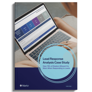 Cover of a Maritz case study titled ‘Lead Response Analysis Case Study: How 74% of Dealers Missed the Mark When Responding to Leads,’ shown as a mockup on a book-style layout with a laptop displaying lead response analytics.