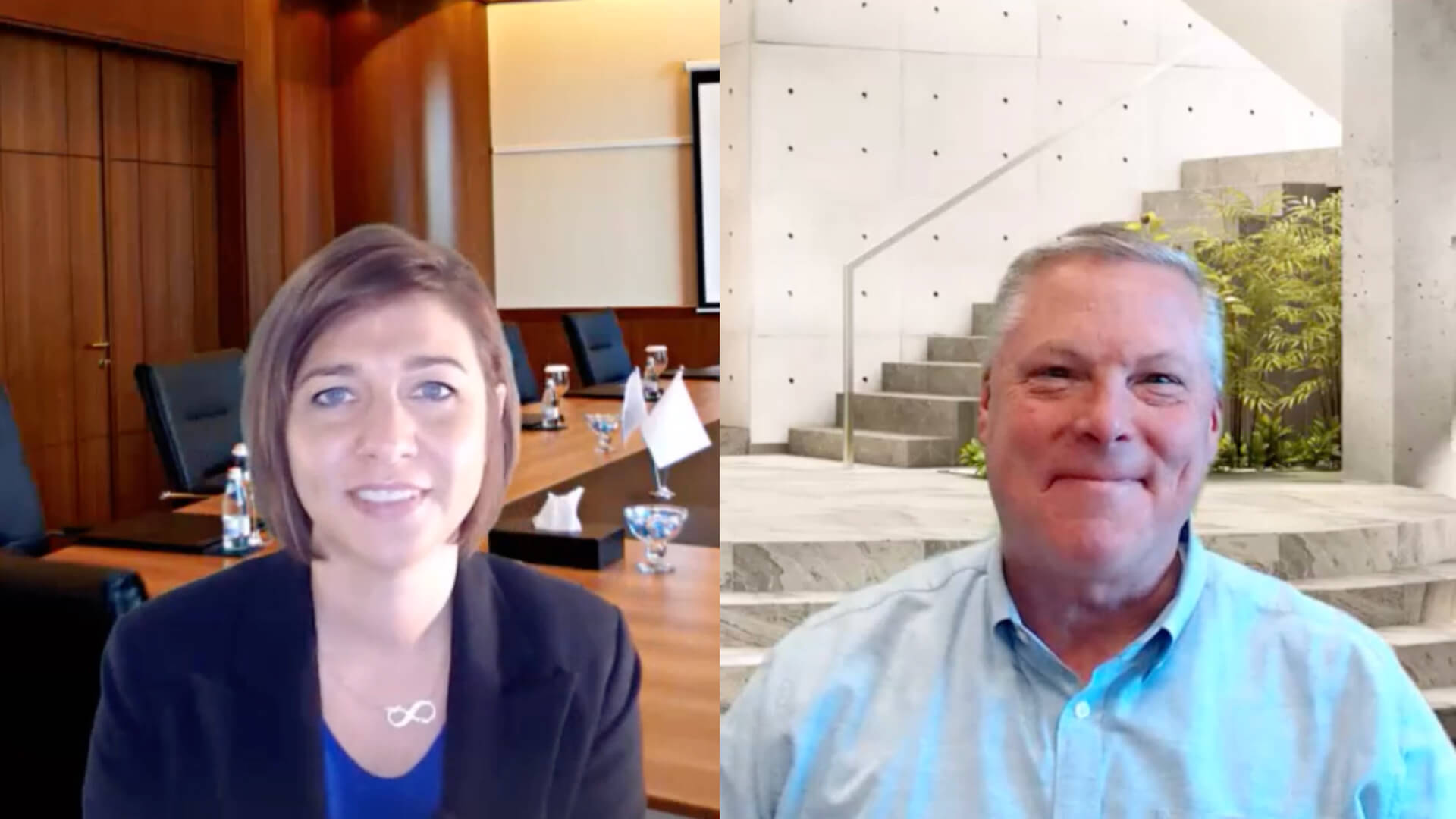 Two people in a virtual meeting, each shown in a split‑screen layout with professional backgrounds—one in a conference room and the other in a modern office space.