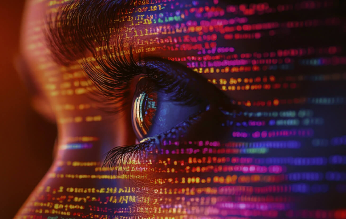 Image of woman's eye with futuristic text overlaid