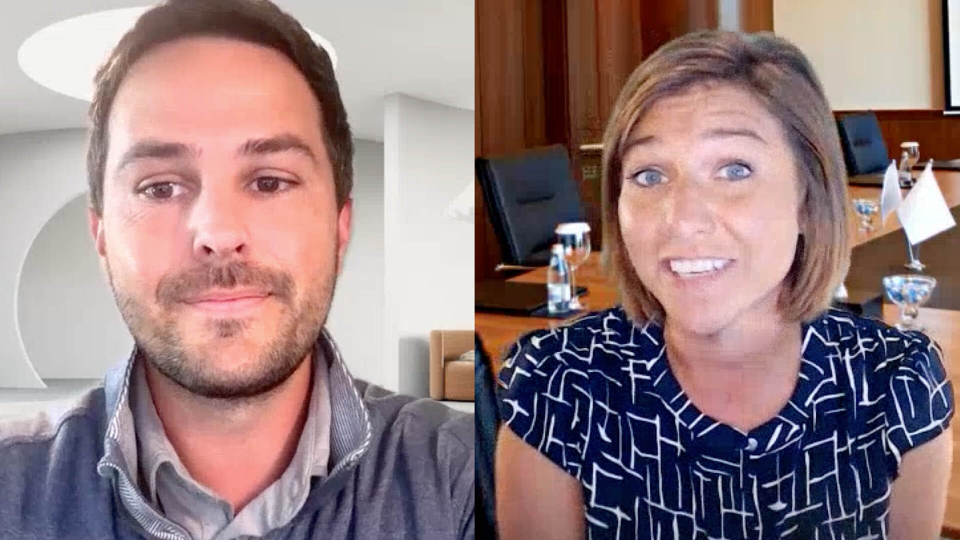 Split-screen video of two speakers in a virtual interview discussing digital marketing and SEO strategy.
