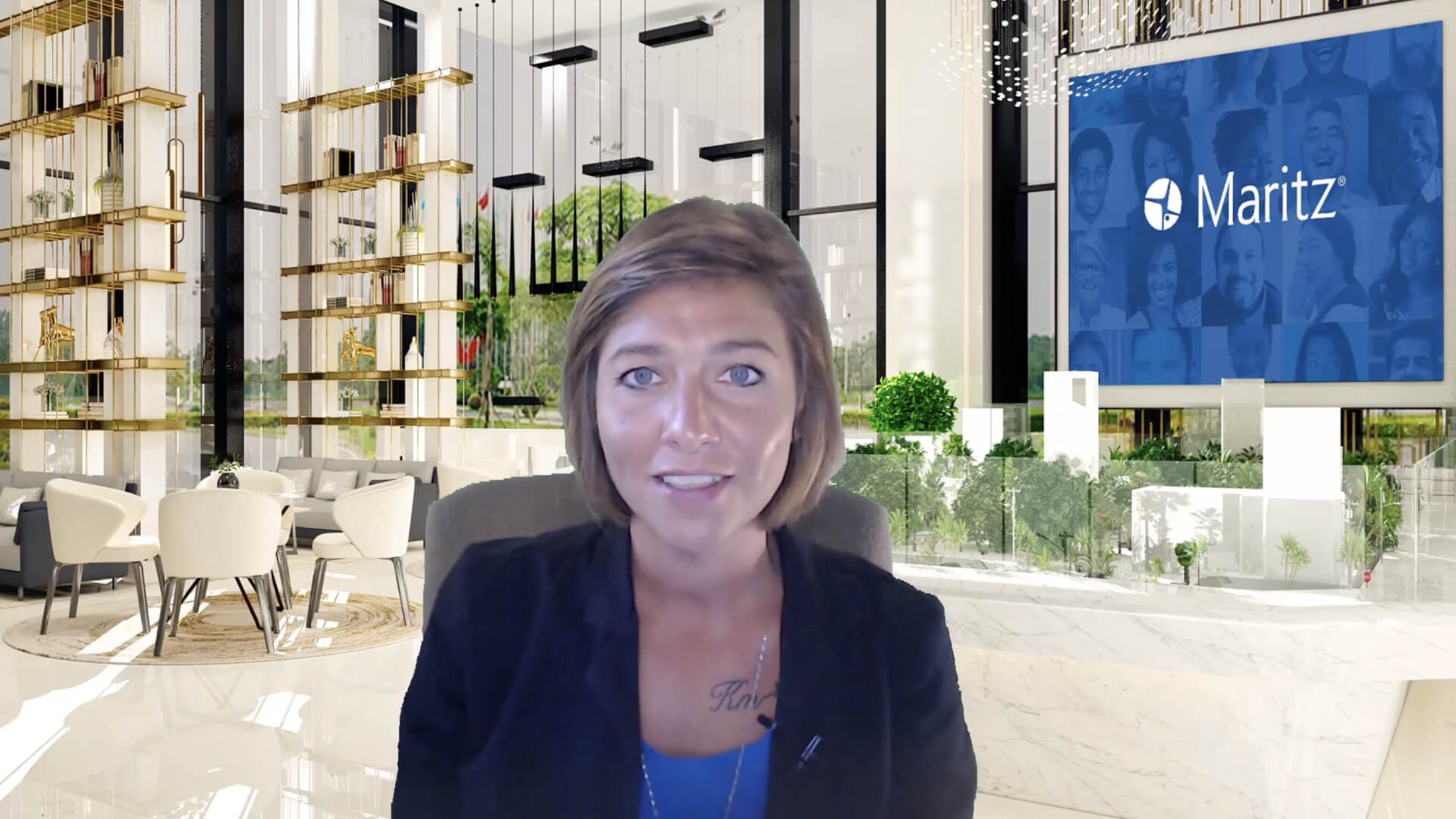 Video preview featuring a presenter speaking about using AI and personalized video responses to improve customer communication, with a Maritz-branded office background.